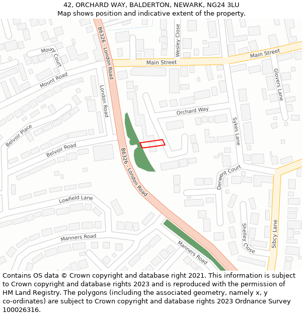 42, ORCHARD WAY, BALDERTON, NEWARK, NG24 3LU: Location map and indicative extent of plot