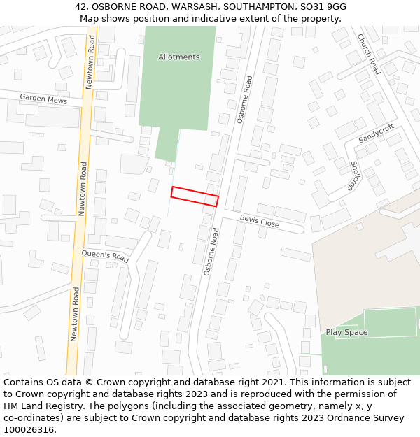 42, OSBORNE ROAD, WARSASH, SOUTHAMPTON, SO31 9GG: Location map and indicative extent of plot