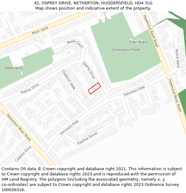 42, OSPREY DRIVE, NETHERTON, HUDDERSFIELD, HD4 7LG: Location map and indicative extent of plot