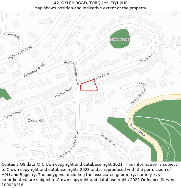 42, OXLEA ROAD, TORQUAY, TQ1 2HF: Location map and indicative extent of plot