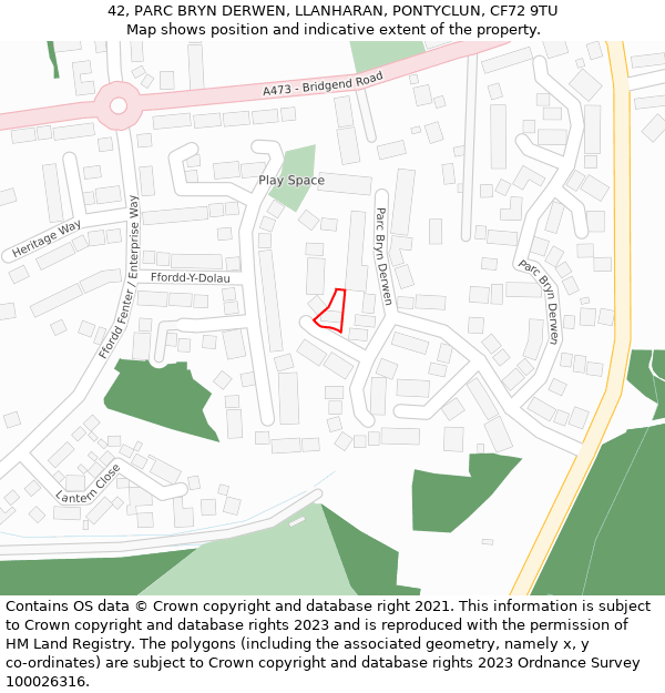 42, PARC BRYN DERWEN, LLANHARAN, PONTYCLUN, CF72 9TU: Location map and indicative extent of plot