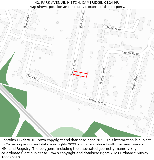 42, PARK AVENUE, HISTON, CAMBRIDGE, CB24 9JU: Location map and indicative extent of plot