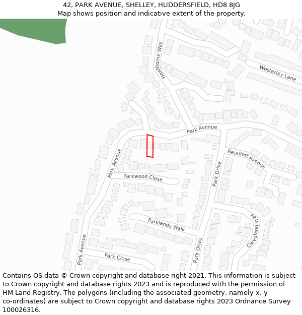 42, PARK AVENUE, SHELLEY, HUDDERSFIELD, HD8 8JG: Location map and indicative extent of plot