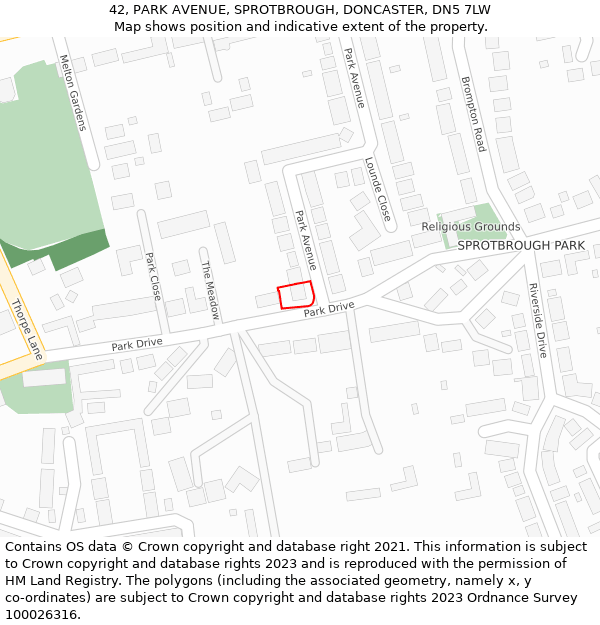 42, PARK AVENUE, SPROTBROUGH, DONCASTER, DN5 7LW: Location map and indicative extent of plot