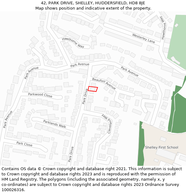 42, PARK DRIVE, SHELLEY, HUDDERSFIELD, HD8 8JE: Location map and indicative extent of plot
