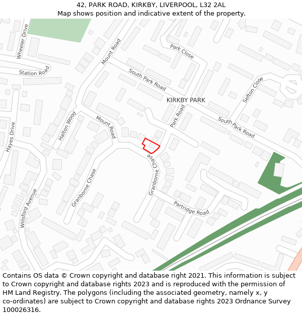 42, PARK ROAD, KIRKBY, LIVERPOOL, L32 2AL: Location map and indicative extent of plot