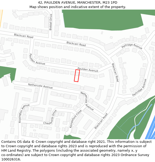 42, PAULDEN AVENUE, MANCHESTER, M23 1PD: Location map and indicative extent of plot