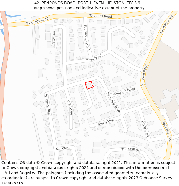 42, PENPONDS ROAD, PORTHLEVEN, HELSTON, TR13 9LL: Location map and indicative extent of plot