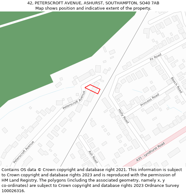 42, PETERSCROFT AVENUE, ASHURST, SOUTHAMPTON, SO40 7AB: Location map and indicative extent of plot