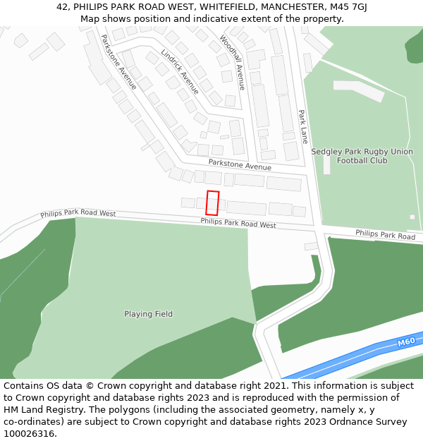 42, PHILIPS PARK ROAD WEST, WHITEFIELD, MANCHESTER, M45 7GJ: Location map and indicative extent of plot