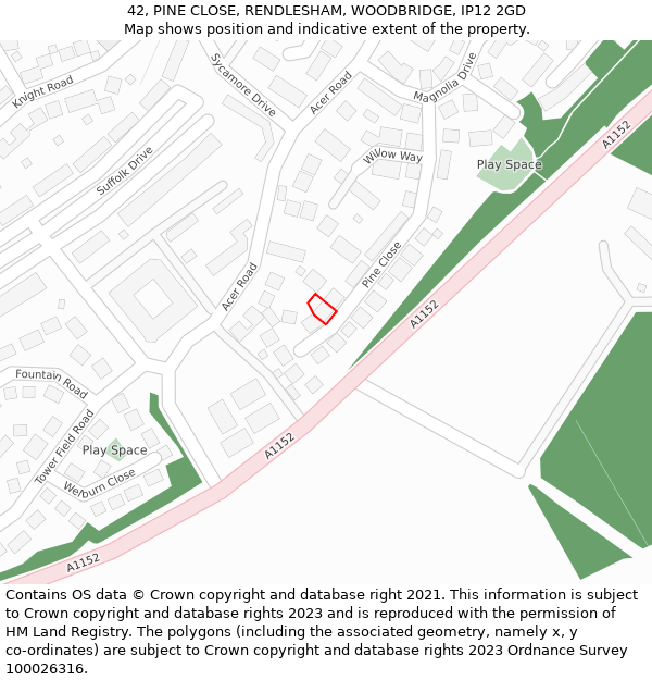 42, PINE CLOSE, RENDLESHAM, WOODBRIDGE, IP12 2GD: Location map and indicative extent of plot