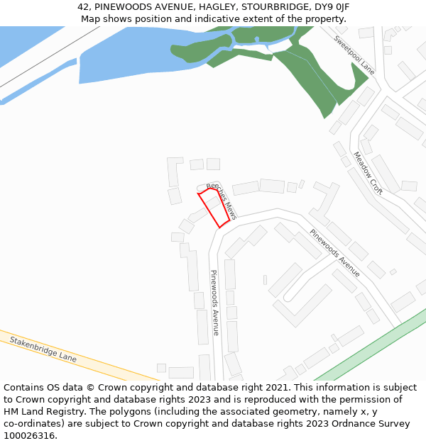42, PINEWOODS AVENUE, HAGLEY, STOURBRIDGE, DY9 0JF: Location map and indicative extent of plot