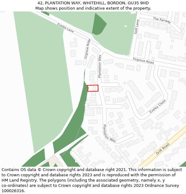 42, PLANTATION WAY, WHITEHILL, BORDON, GU35 9HD: Location map and indicative extent of plot