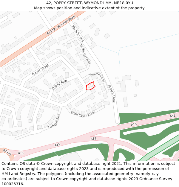 42, POPPY STREET, WYMONDHAM, NR18 0YU: Location map and indicative extent of plot