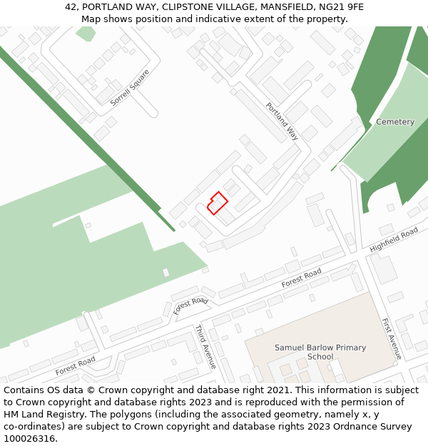 42, PORTLAND WAY, CLIPSTONE VILLAGE, MANSFIELD, NG21 9FE: Location map and indicative extent of plot