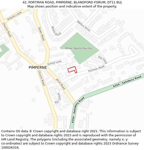 42, PORTMAN ROAD, PIMPERNE, BLANDFORD FORUM, DT11 8UJ: Location map and indicative extent of plot