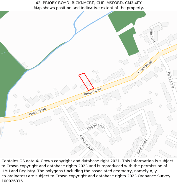 42, PRIORY ROAD, BICKNACRE, CHELMSFORD, CM3 4EY: Location map and indicative extent of plot