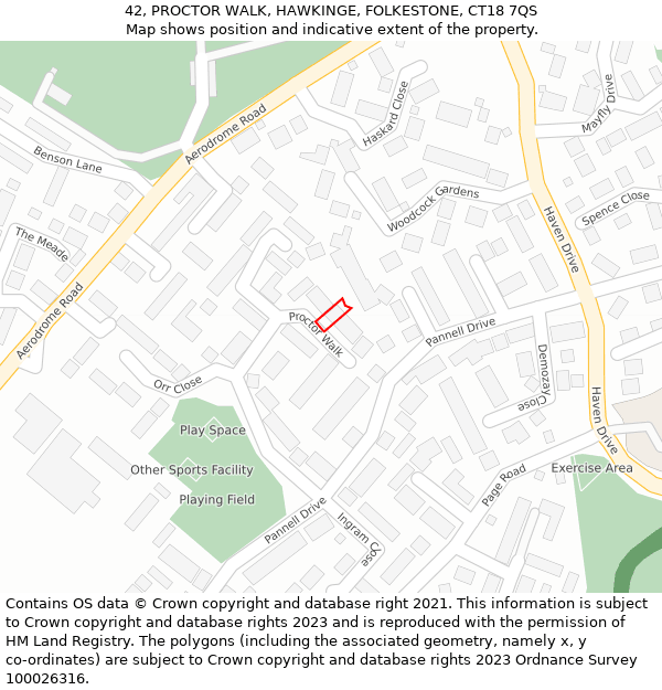 42, PROCTOR WALK, HAWKINGE, FOLKESTONE, CT18 7QS: Location map and indicative extent of plot