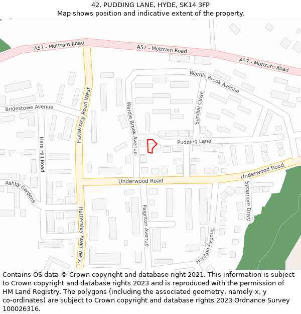 42, PUDDING LANE, HYDE, SK14 3FP: Location map and indicative extent of plot