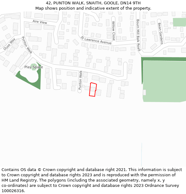 42, PUNTON WALK, SNAITH, GOOLE, DN14 9TH: Location map and indicative extent of plot