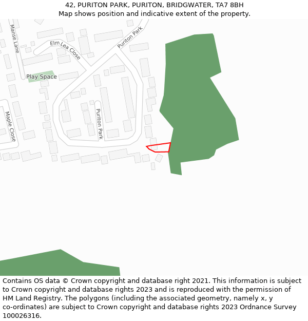 42, PURITON PARK, PURITON, BRIDGWATER, TA7 8BH: Location map and indicative extent of plot