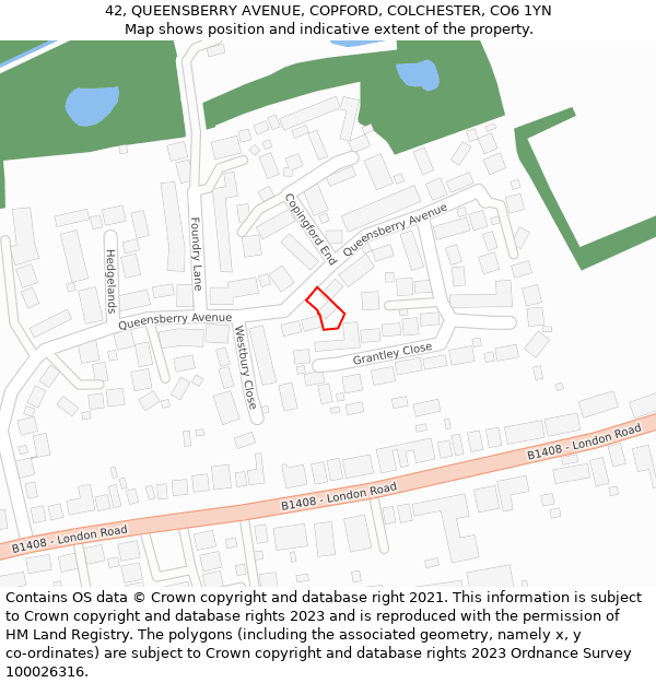 42, QUEENSBERRY AVENUE, COPFORD, COLCHESTER, CO6 1YN: Location map and indicative extent of plot