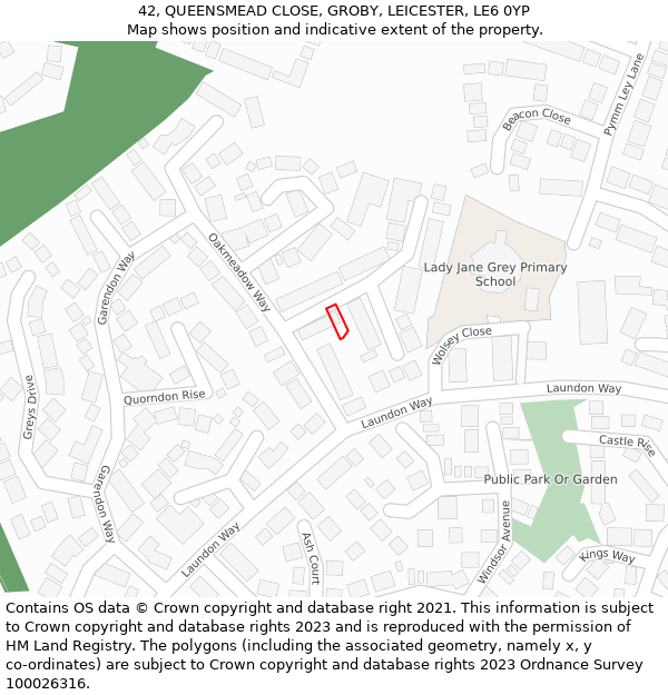 42, QUEENSMEAD CLOSE, GROBY, LEICESTER, LE6 0YP: Location map and indicative extent of plot