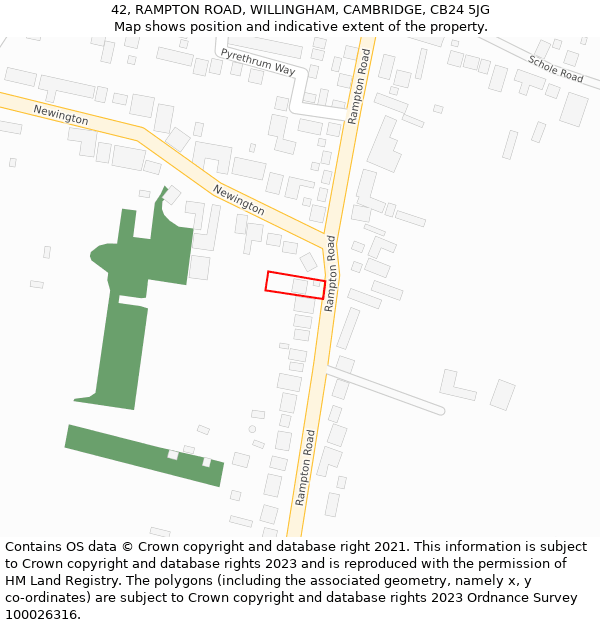 42, RAMPTON ROAD, WILLINGHAM, CAMBRIDGE, CB24 5JG: Location map and indicative extent of plot