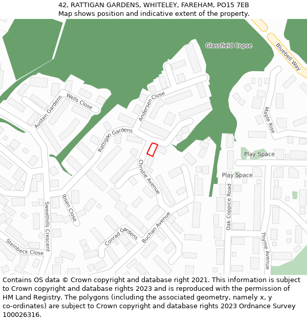 42, RATTIGAN GARDENS, WHITELEY, FAREHAM, PO15 7EB: Location map and indicative extent of plot