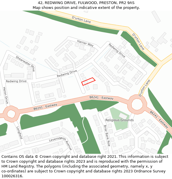 42, REDWING DRIVE, FULWOOD, PRESTON, PR2 9AS: Location map and indicative extent of plot