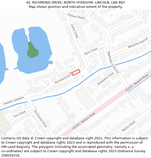 42, RICHMOND DRIVE, NORTH HYKEHAM, LINCOLN, LN6 8QY: Location map and indicative extent of plot