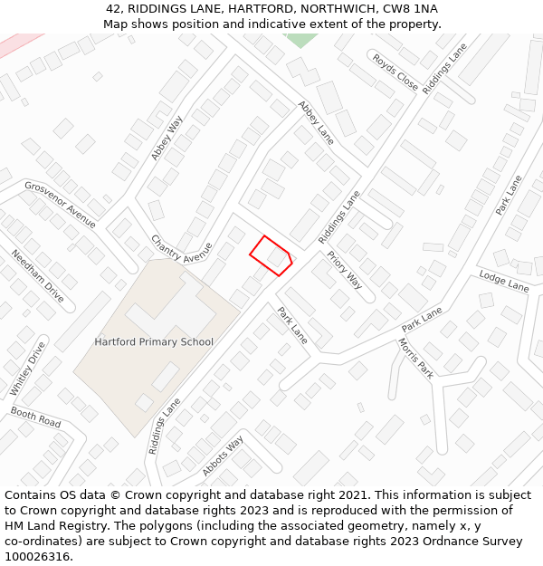 42, RIDDINGS LANE, HARTFORD, NORTHWICH, CW8 1NA: Location map and indicative extent of plot