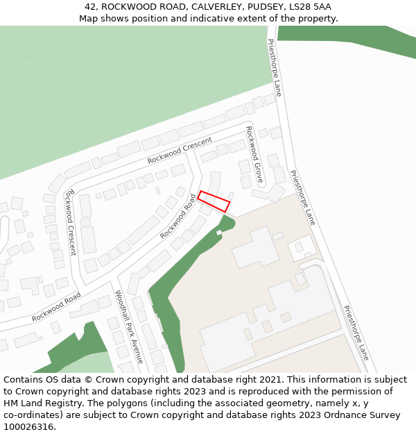 42, ROCKWOOD ROAD, CALVERLEY, PUDSEY, LS28 5AA: Location map and indicative extent of plot