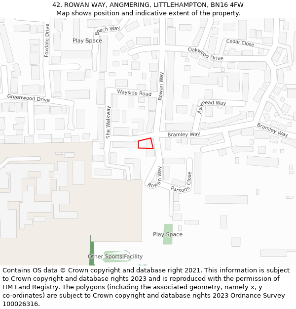 42, ROWAN WAY, ANGMERING, LITTLEHAMPTON, BN16 4FW: Location map and indicative extent of plot