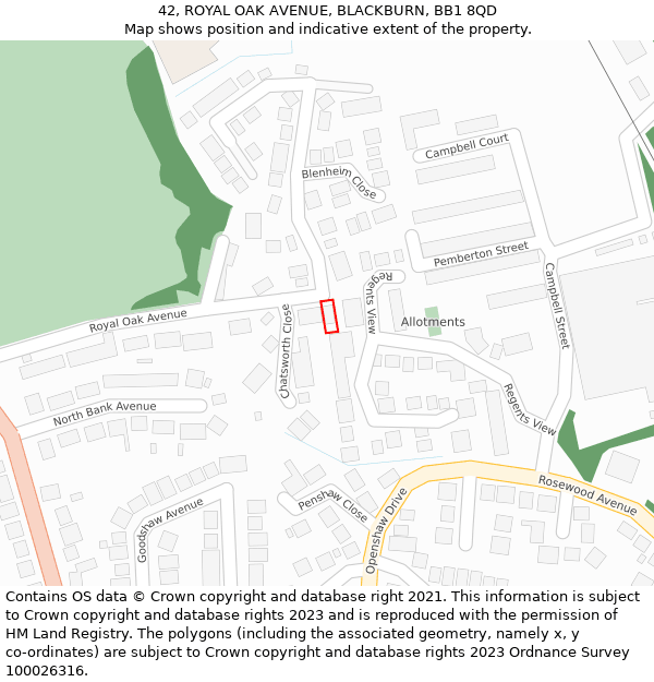 42, ROYAL OAK AVENUE, BLACKBURN, BB1 8QD: Location map and indicative extent of plot