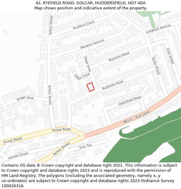 42, RYEFIELD ROAD, GOLCAR, HUDDERSFIELD, HD7 4DA: Location map and indicative extent of plot