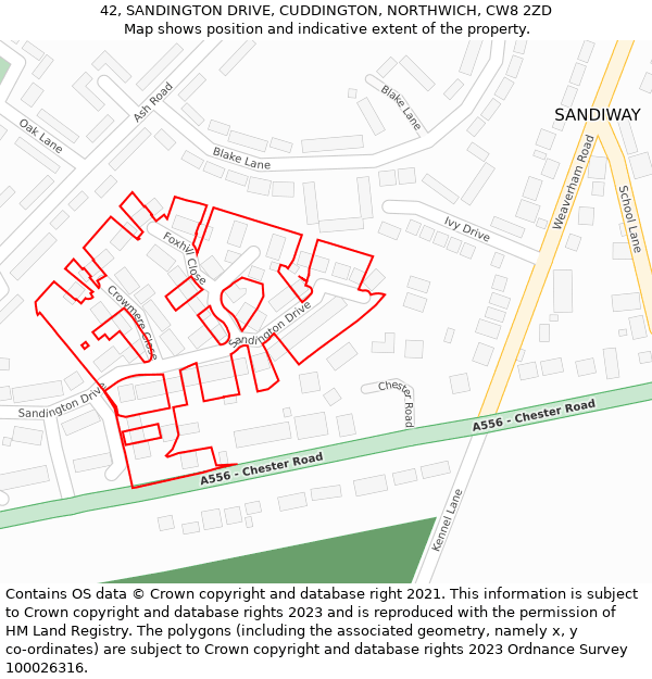 42, SANDINGTON DRIVE, CUDDINGTON, NORTHWICH, CW8 2ZD: Location map and indicative extent of plot