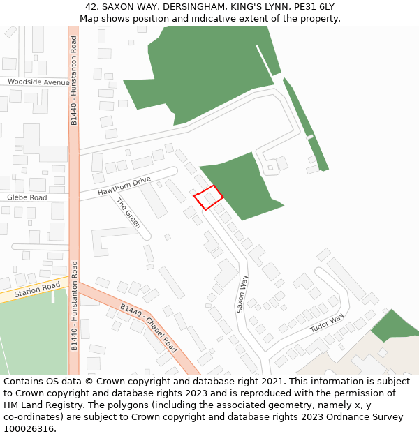 42, SAXON WAY, DERSINGHAM, KING'S LYNN, PE31 6LY: Location map and indicative extent of plot
