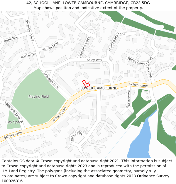 42, SCHOOL LANE, LOWER CAMBOURNE, CAMBRIDGE, CB23 5DG: Location map and indicative extent of plot