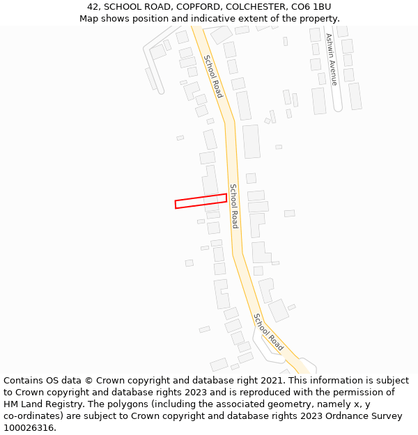 42, SCHOOL ROAD, COPFORD, COLCHESTER, CO6 1BU: Location map and indicative extent of plot