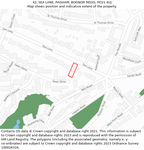 42, SEA LANE, PAGHAM, BOGNOR REGIS, PO21 4UJ: Location map and indicative extent of plot