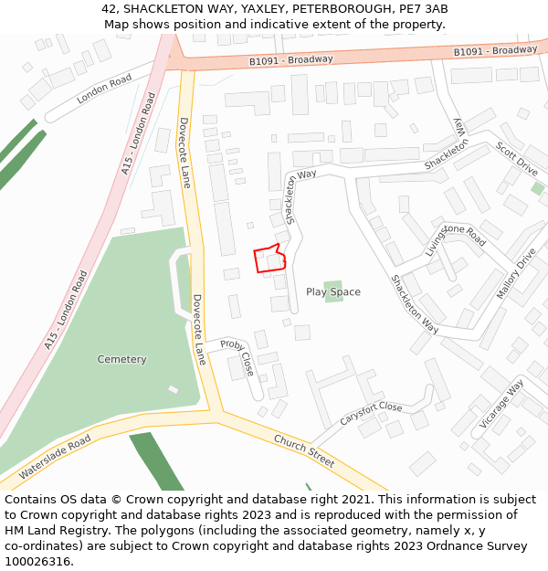 42, SHACKLETON WAY, YAXLEY, PETERBOROUGH, PE7 3AB: Location map and indicative extent of plot