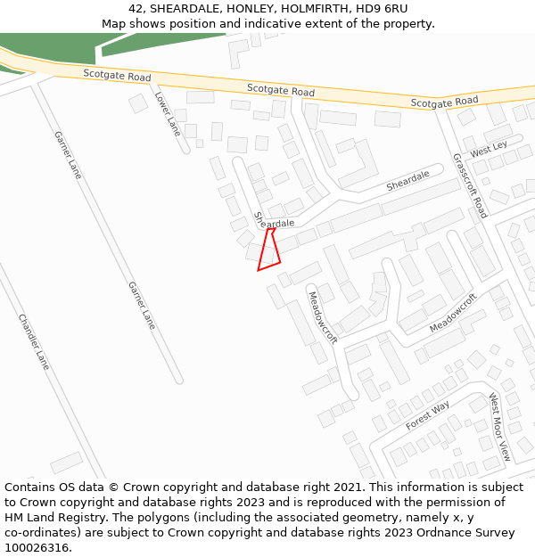 42, SHEARDALE, HONLEY, HOLMFIRTH, HD9 6RU: Location map and indicative extent of plot