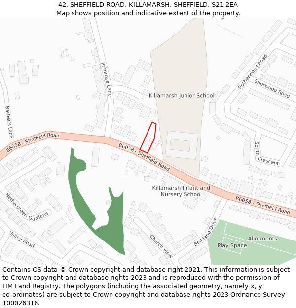 42, SHEFFIELD ROAD, KILLAMARSH, SHEFFIELD, S21 2EA: Location map and indicative extent of plot