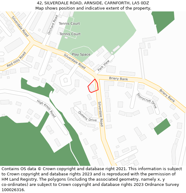 42, SILVERDALE ROAD, ARNSIDE, CARNFORTH, LA5 0DZ: Location map and indicative extent of plot