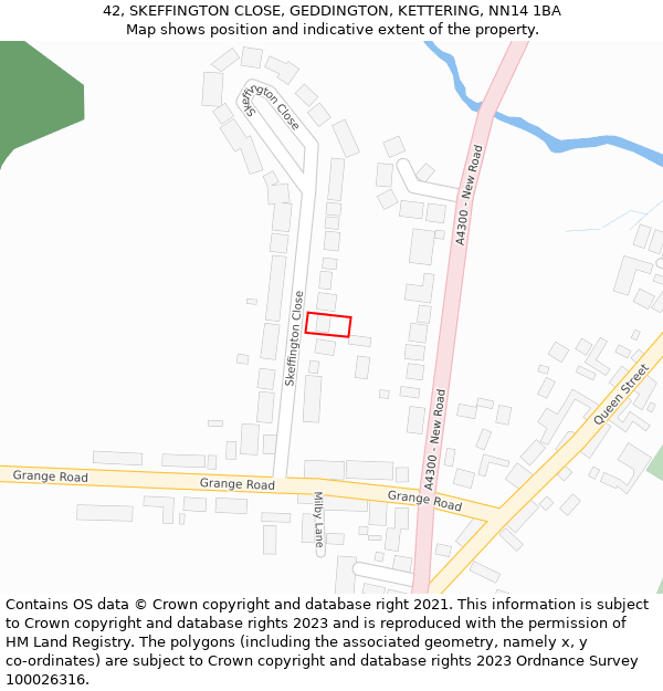 42, SKEFFINGTON CLOSE, GEDDINGTON, KETTERING, NN14 1BA: Location map and indicative extent of plot