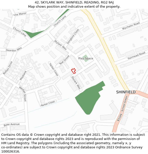 42, SKYLARK WAY, SHINFIELD, READING, RG2 9AJ: Location map and indicative extent of plot