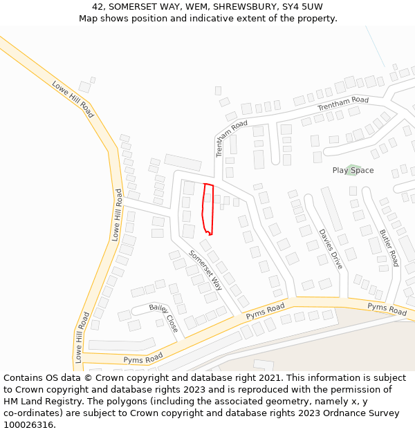 42, SOMERSET WAY, WEM, SHREWSBURY, SY4 5UW: Location map and indicative extent of plot