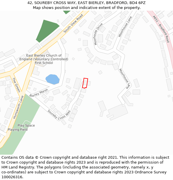 42, SOUREBY CROSS WAY, EAST BIERLEY, BRADFORD, BD4 6PZ: Location map and indicative extent of plot