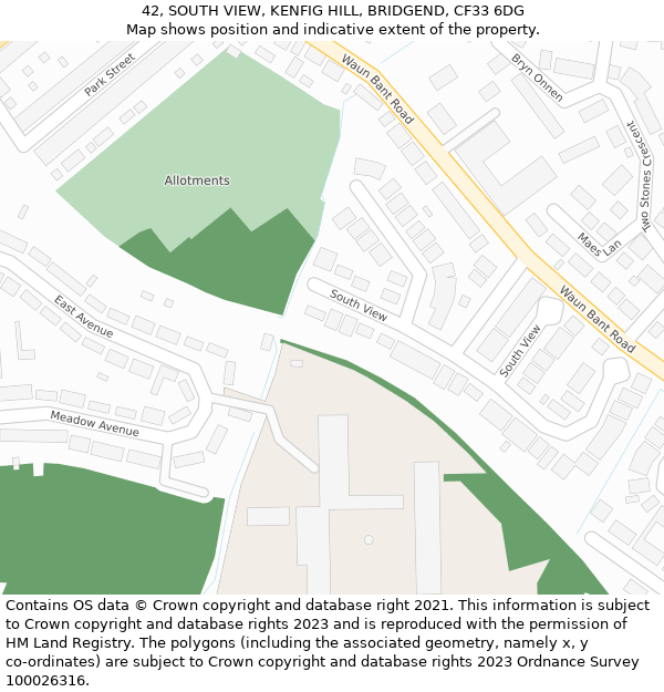 42, SOUTH VIEW, KENFIG HILL, BRIDGEND, CF33 6DG: Location map and indicative extent of plot